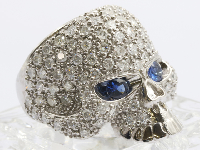 メンズジュエリー【 ホワイトゴールド K18WG 】 指輪 スカルリング ドクロ サファイア ダイヤモンド 3.31ct 22号 24.25g ☆新着 70296-1