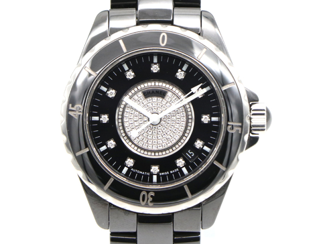 【 シャネル CHANEL 】 腕時計 J12 H1757 純正ダイヤ 12Pダイヤ 黒セラミック/SS 自動巻 デイト 保 箱 メンズ □新着 76018-1