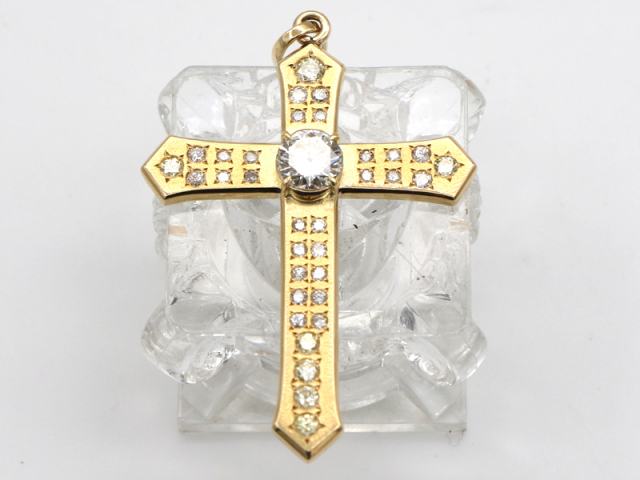 【 イエローゴールド K18YG 】 ペントップ クロス ダイヤ1.178ct I-SI1-GOOD ダイヤ1.44ct 12.3g 鑑定証 ソーティング付 ☆新着 76057-1