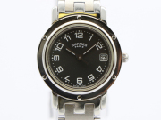 【 エルメス HERMES 】 腕時計 CL4.210 クリッパー ナクレ ブラック文字盤 デイト SS クォーツ レディース 新着 04689-0