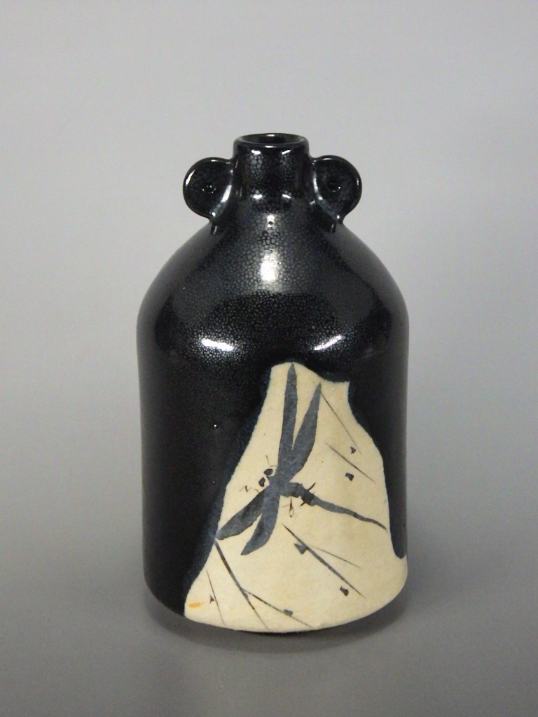 瀬戸焼」紫彩刻紋「壺」花器 加藤令吉 個展作品 背戸窯