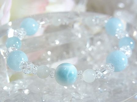 ラリマー　ブレスレット ☆ 大粒アクアマリン＆レインボームーンストーン ☆ （１点もの）