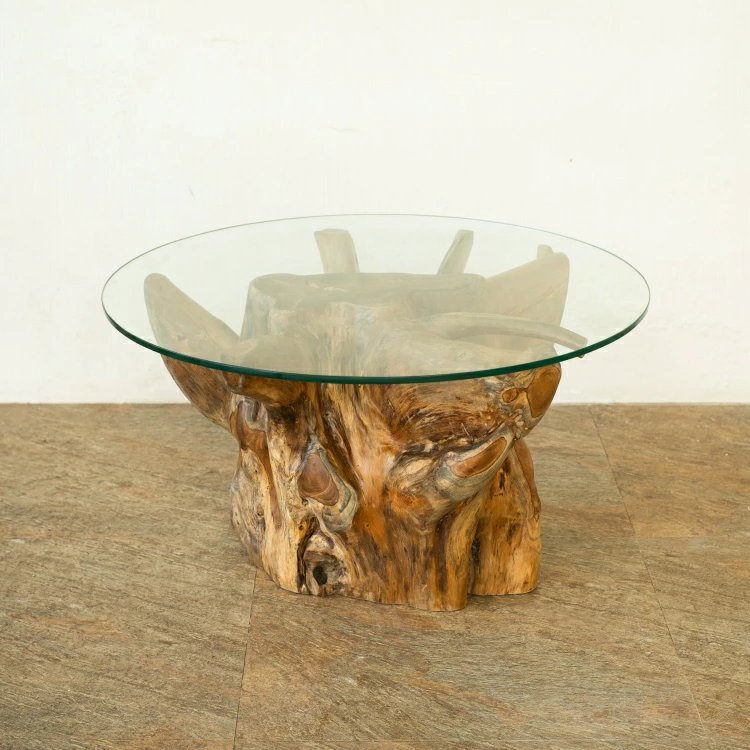 高級チーク原木をつかった、世界でたった一つだけのテーブル 切株テーブル チーク原木ガラスローテーブル（w80cm）[Alam Sari アラムサリ] 【AS-308-W80】