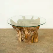 高級チーク原木をつかった、世界でたった一つだけのテーブル 切株テーブル チーク原木ガラスローテーブル（w80cm）[Alam Sari アラムサリ] 【AS-308-W80】