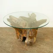 高級チーク原木をつかった、世界でたった一つだけのテーブル 切株テーブル チーク原木ガラスローテーブル（w90cm）[Alam Sari アラムサリ] 【AS-308-W90】