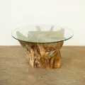 高級チーク原木をつかった、世界でたった一つだけのテーブル 切株テーブル チーク原木ガラスローテーブル（w80cm）[Alam Sari アラムサリ] 【AS-308-W80】