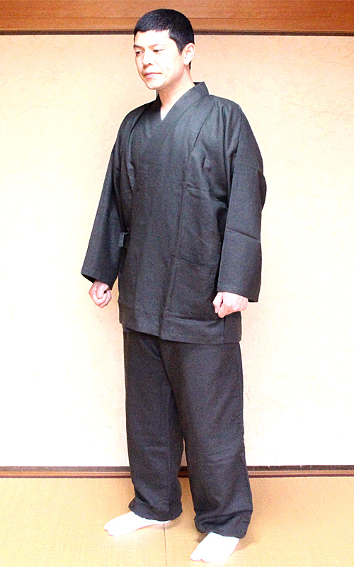 作務衣（涼雅） 上下一組 灰黒 L No.20