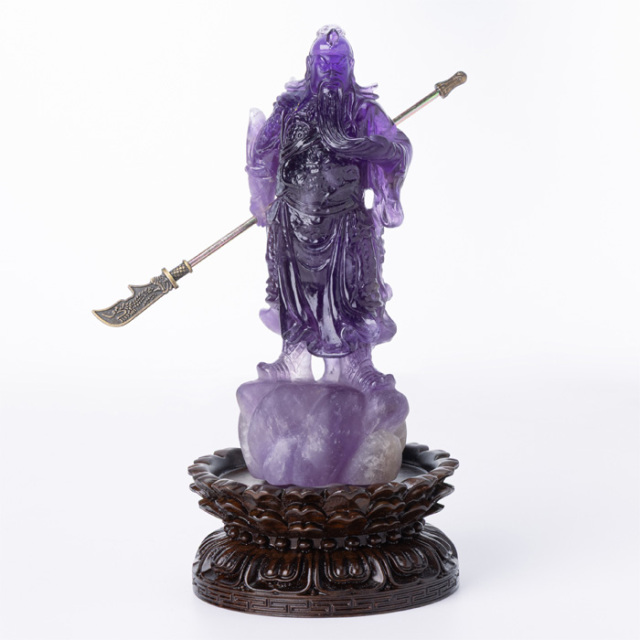 水晶彫刻 関聖帝君 （関羽様） （アメジスト／ブラジル産） 台付 No.99