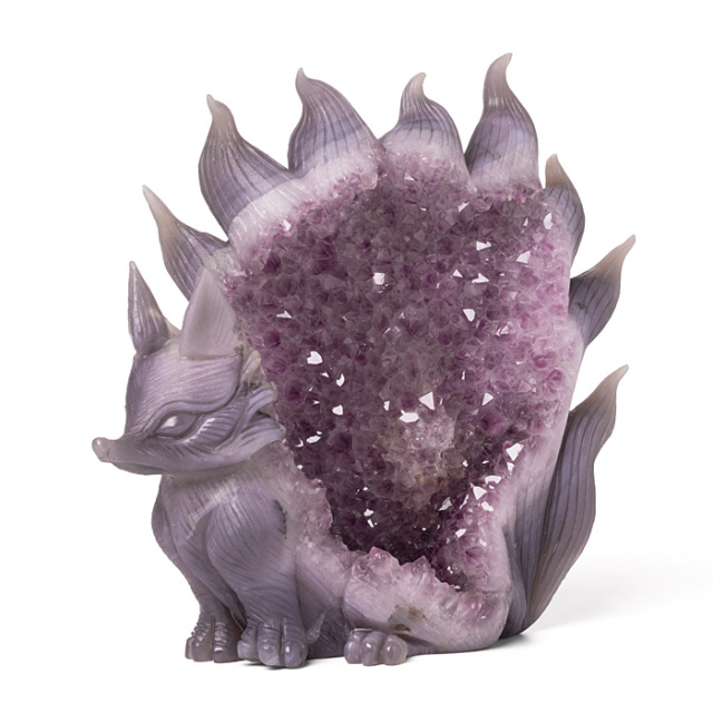 水晶彫刻 九尾の狐 （アメジスト／ブラジル産） No.122