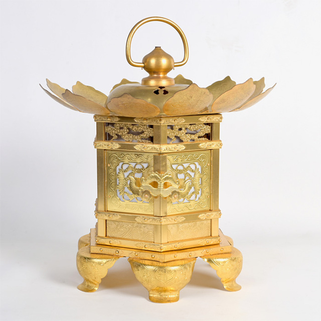 【アウトレット】 六角吊下灯籠 猫足型 銅地箔押し 8寸 （1灯のみ） No.1