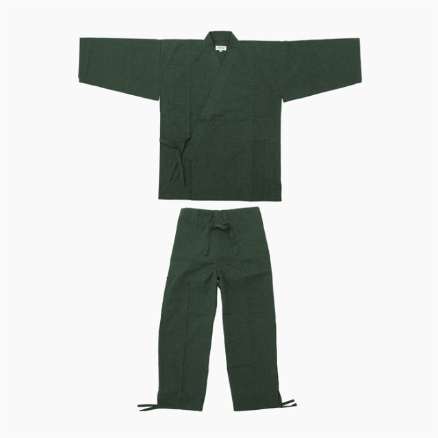 作務衣 久留米綿紬織 上下一組 （男性用） （濃グリーン） No.34