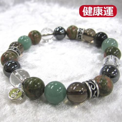 天然石ブレスレットチャーム付　グリーン04 (10mm珠)　男性用