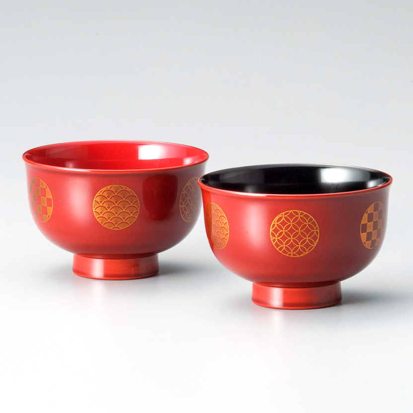 夫婦汁椀 日月文様 白檀  2客セット 漆塗り　12-03805