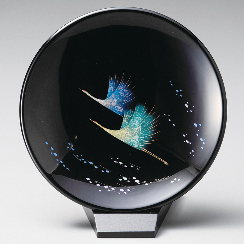 博古堂　木製漆器　飾り皿 飾り皿(小） 鶴 スタンド付 漆塗り・木製 12-13605 漆器の井助