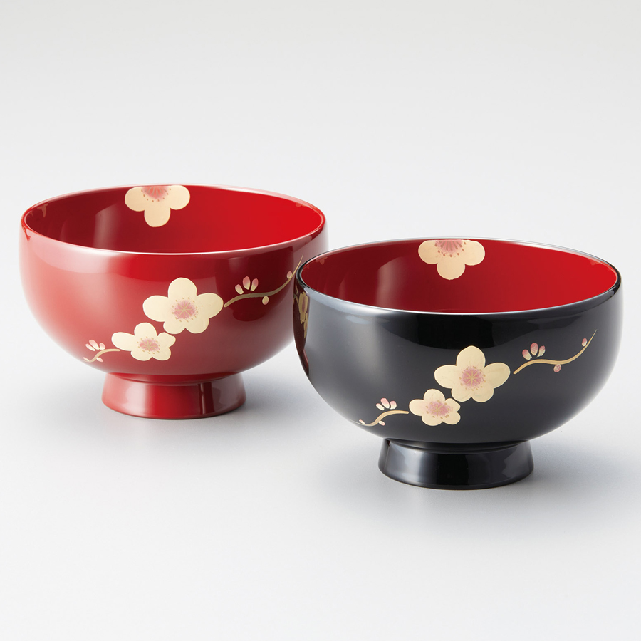 夫婦椀 梅 まり型汁椀 黒内朱・朱 2客セット 漆塗り 12-04005