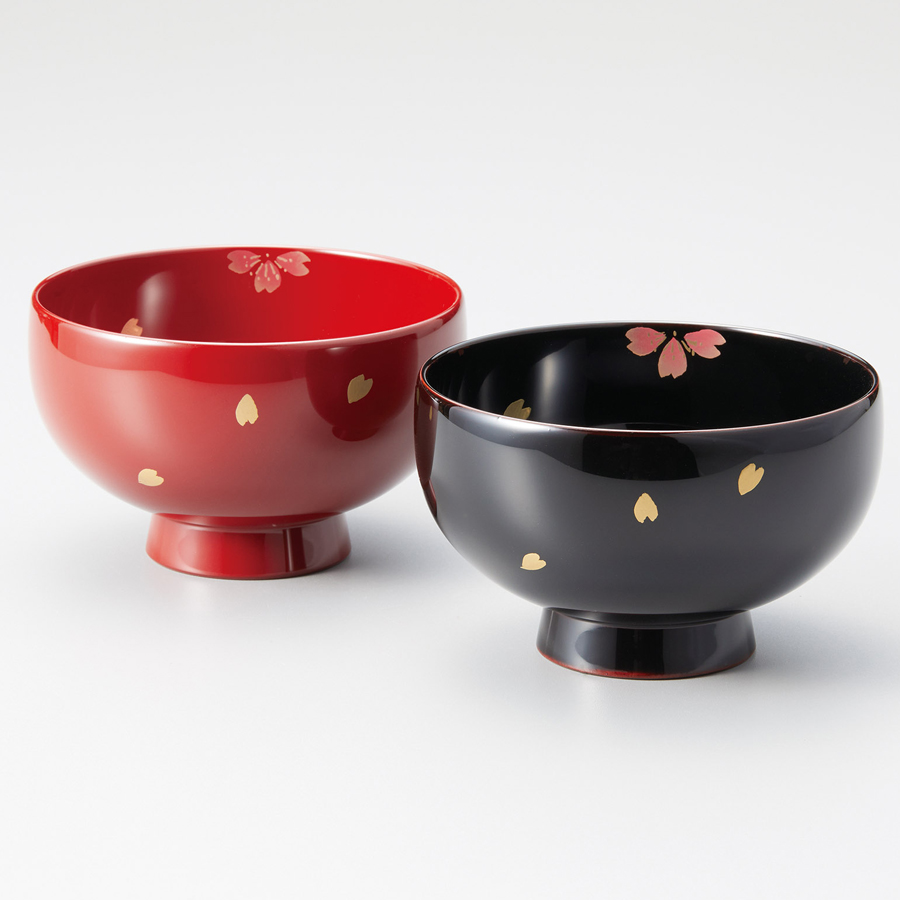 夫婦椀 桜 まり型汁椀 黒内朱・朱 2客セット 漆塗り 12-04401