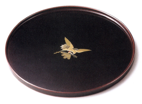 丸盆 寿鶴 溜  木製 漆塗り トレー（製造中止）