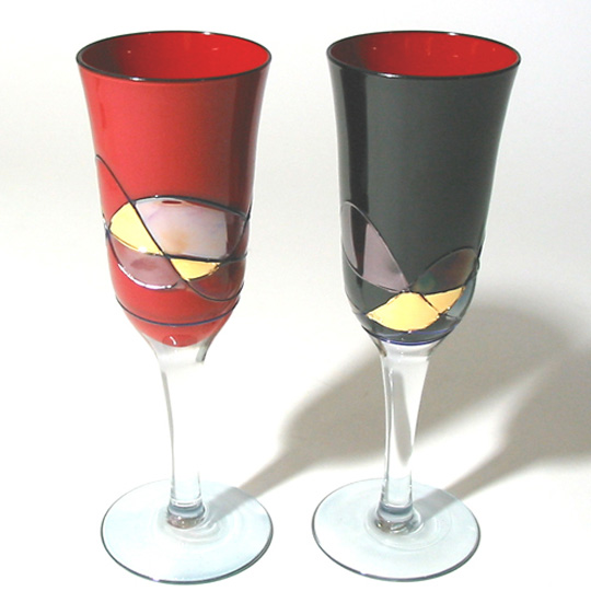 新品未使用　会津漆器　ガラス蒔絵 カトレアグラス (黒内朱・朱)ペアセット 新品未使用 会津漆器 ガラス蒔絵 カトレアグラス (黒内朱・朱