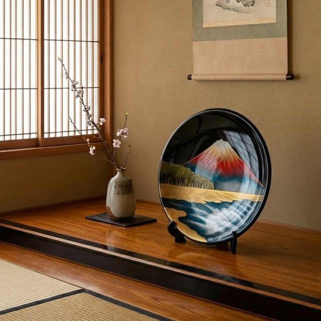 飾り皿 富士に松原 黒 木製 漆塗り 絵皿 インテリア 漆器の井助