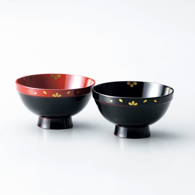 夫婦椀 梅桜ちらし 溜内朱・溜内黒 2客セット 漆塗り