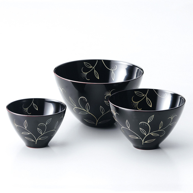 三つ組椀 花 溜  3客セット 漆塗り　11-05104【製造中止】