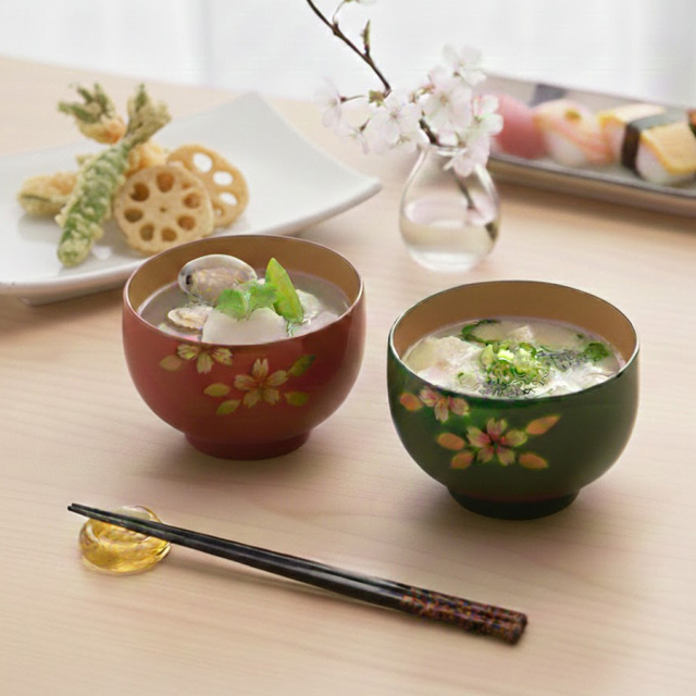 夫婦椀 桜 福寿汁椀 ピンク・モスグリーン 2客セット 漆塗り 漆器の井助