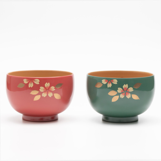 夫婦椀 桜 福寿汁椀 ピンク・モスグリーン 2客セット 漆塗り 漆器の井助