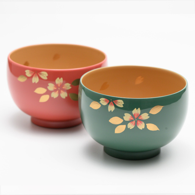 夫婦椀 桜 福寿汁椀 ピンク・モスグリーン 2客セット 漆塗り 漆器の井助