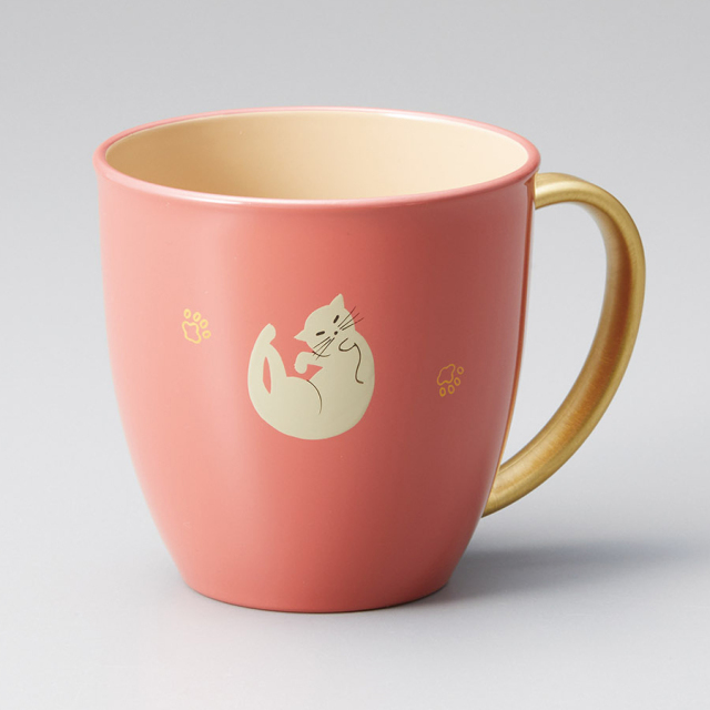 マグカップ ねこ 持ち手金 内白 黒/朱/ピンク/洗朱/ブルー 12-05401
