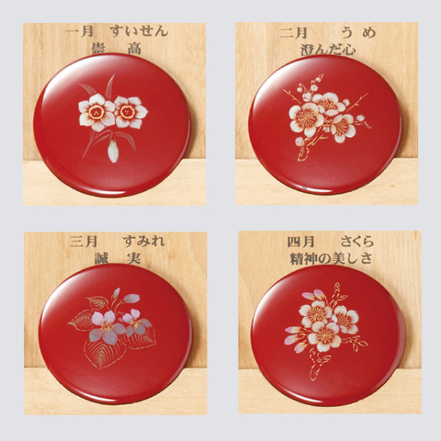 プチ手鏡 誕生花 沈金月花 朱 巾着付 漆塗りコンパクトミラー 【製造 