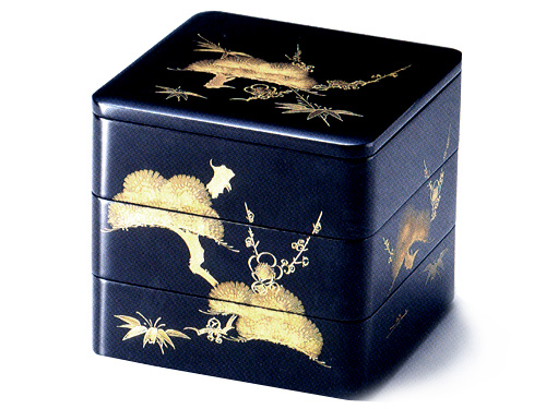 6.5三段重箱 沈金松竹梅 黒 木製 漆塗りお重箱（製造中止） 漆器の井助