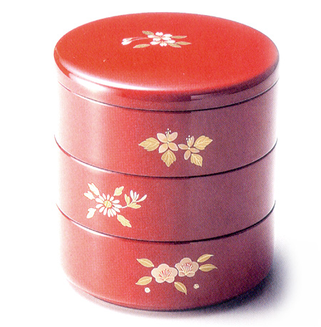 三段丸重箱 五草花 朱  漆塗りお重箱（製造中止）