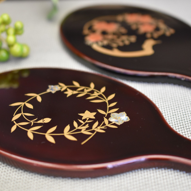 木製手鏡 桜蒔絵/青貝桔梗 漆塗り ハンドミラー 漆器の井助