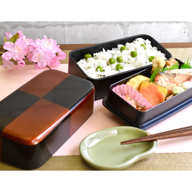 長角二段弁当箱　白檀市松