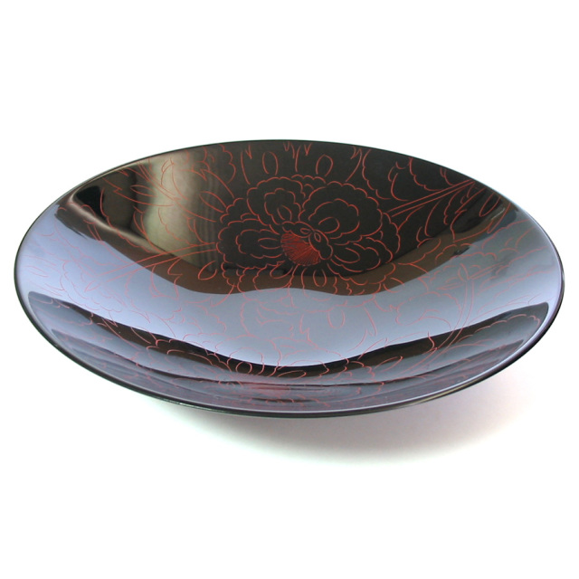 ボウル　牡丹彫　朱　大