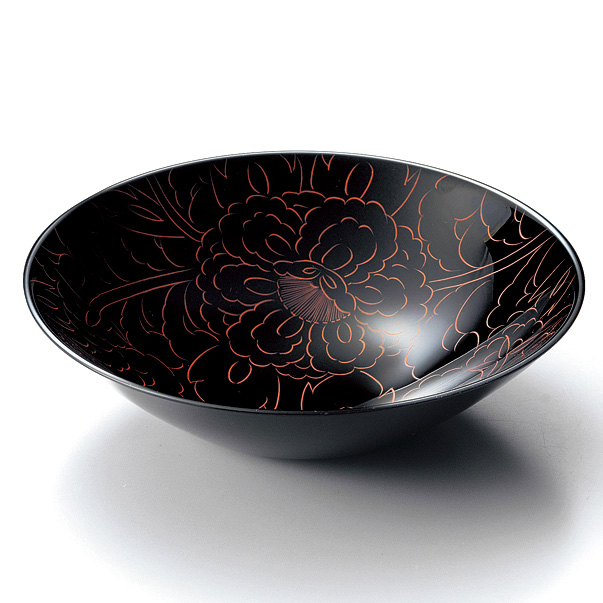 ボウル 牡丹彫 朱 小 漆塗り 中鉢 12-08004 漆器の井助