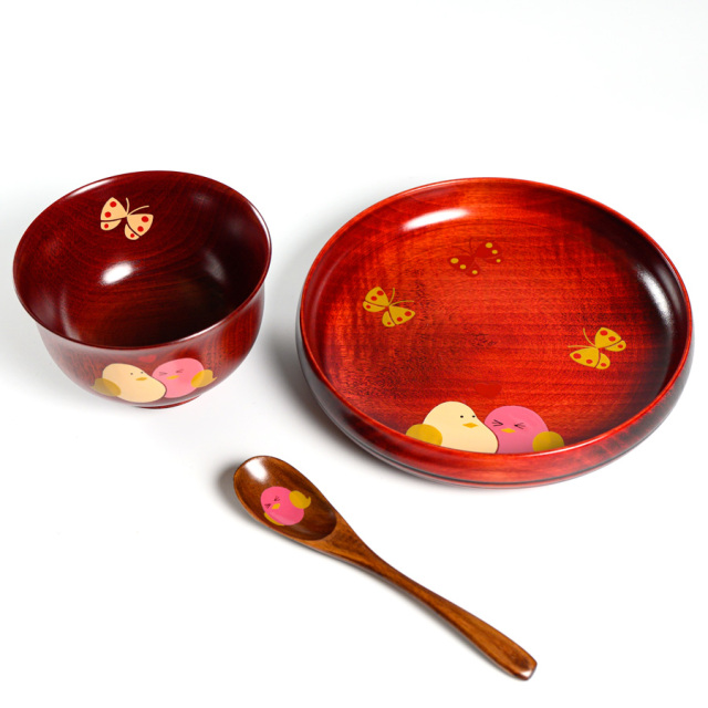 アニマル柄お食事セット 茜 木製 漆塗り 漆器の井助