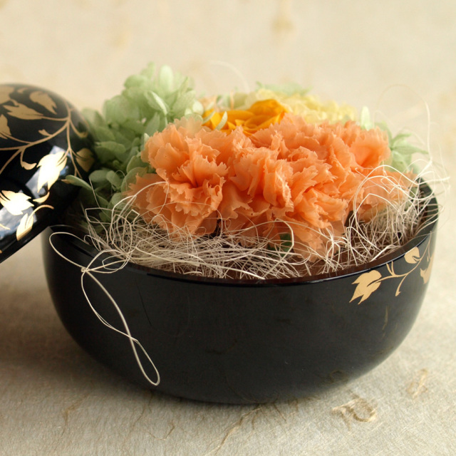 強制本格縁結びセット プリザーブドフラワー 花スウィーツ 黒 漆器セット カーネーション 母