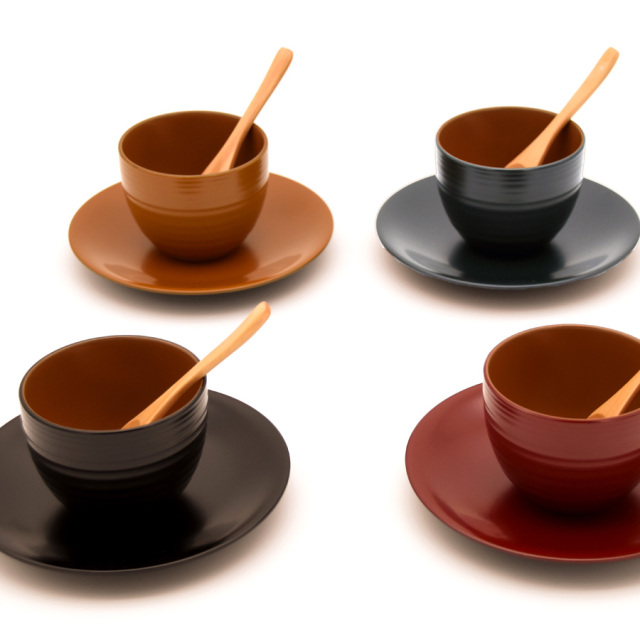 カップ＆ソーサー スプーン付 黄/青/黒/朱 漆塗り 漆器の井助
