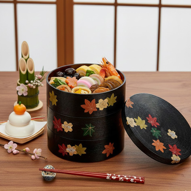 重箱「香琳6.0寸三段重（黒内朱）」KTI-KT2065A 漆器 重箱 黒と金のチェック柄 2段