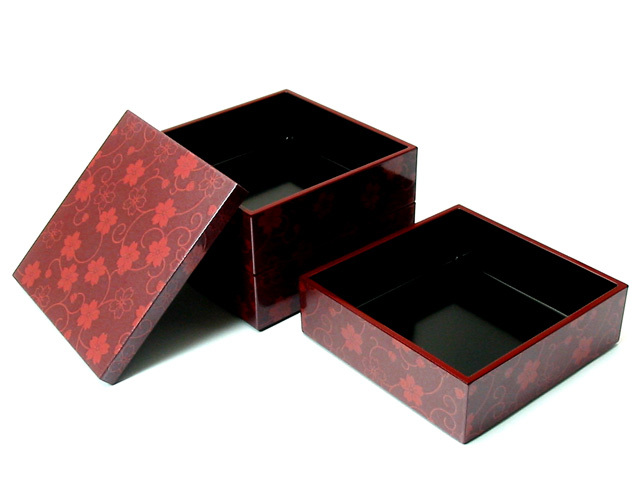 堆朱　箱 三段重箱 桜唐草 朱 （製造中止） 漆器の井助