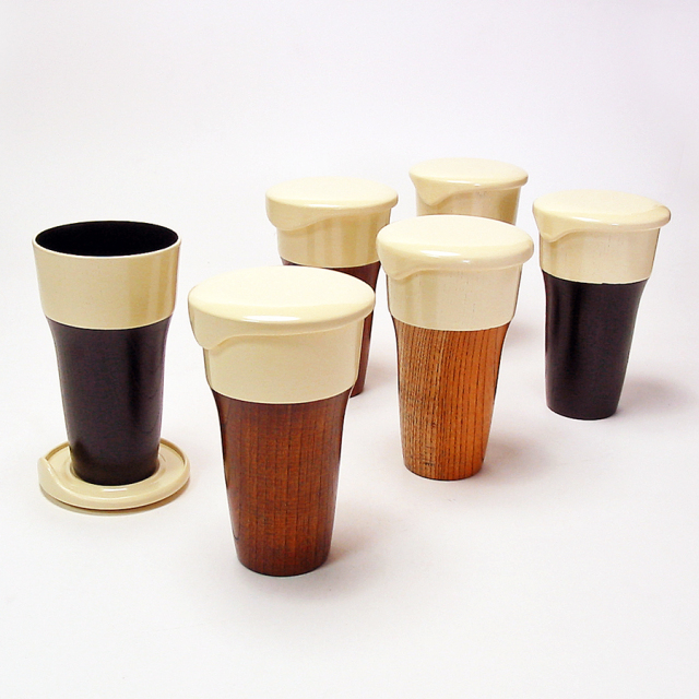 ビアカップ 蓋付き 三色 ６客セット   木製【製造中止】