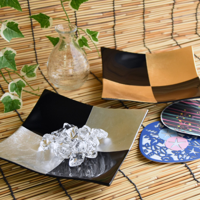 吹上ペア皿 金銀市松 結婚祝いのギフト 漆器の井助