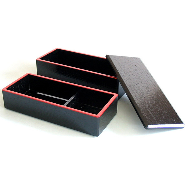 木製二段弁当箱 黒渕朱 木のランチボックス（製造中止） 漆器の井助