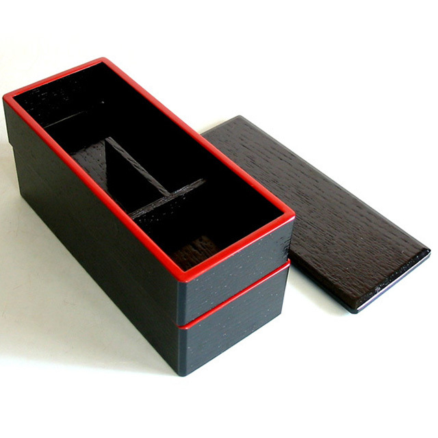 木製二段弁当箱 黒渕朱 木のランチボックス（製造中止） 漆器の井助