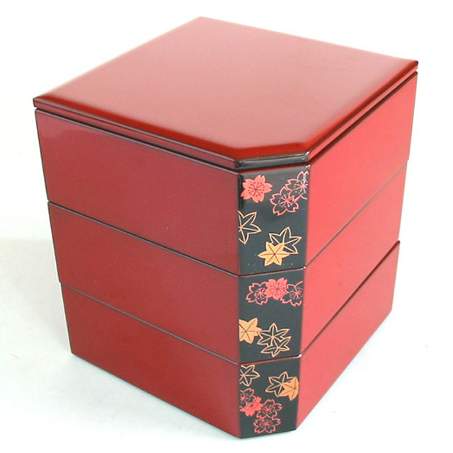 隅切三段重箱 朱 春秋    木製 漆塗りお重箱（製造中止）