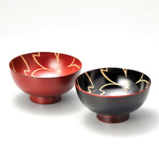 夫婦汁椀 内桜 溜・古代朱 漆塗り ペアセット　12-04206