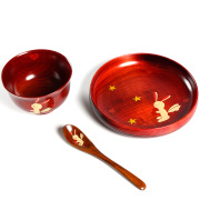 アニマル柄お食事セット 茜   木製 漆塗り