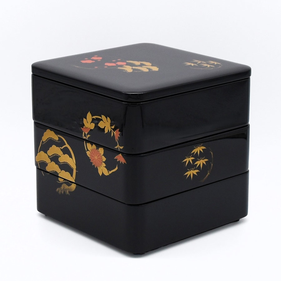 6.5三段重箱 花丸蒔絵 黒内朱　木製漆塗り
