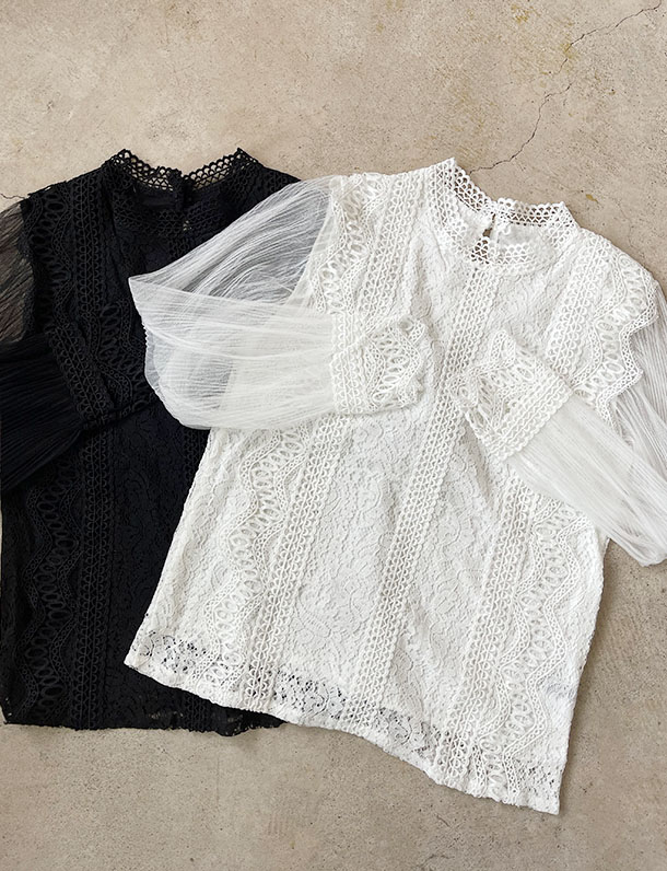 『　激レア販売。春夏伝説神レースのシアー袖版！　』プリーツチュールシアー袖レースブラウス